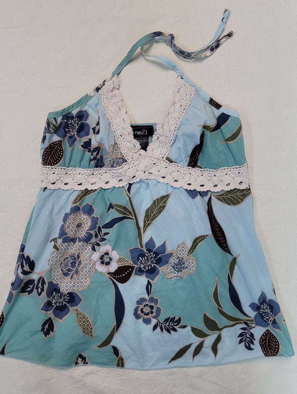 Rue21 Aqua & Navy Floral Halter Tank w/Lace Trim, Sz Med Festival Boho Summer